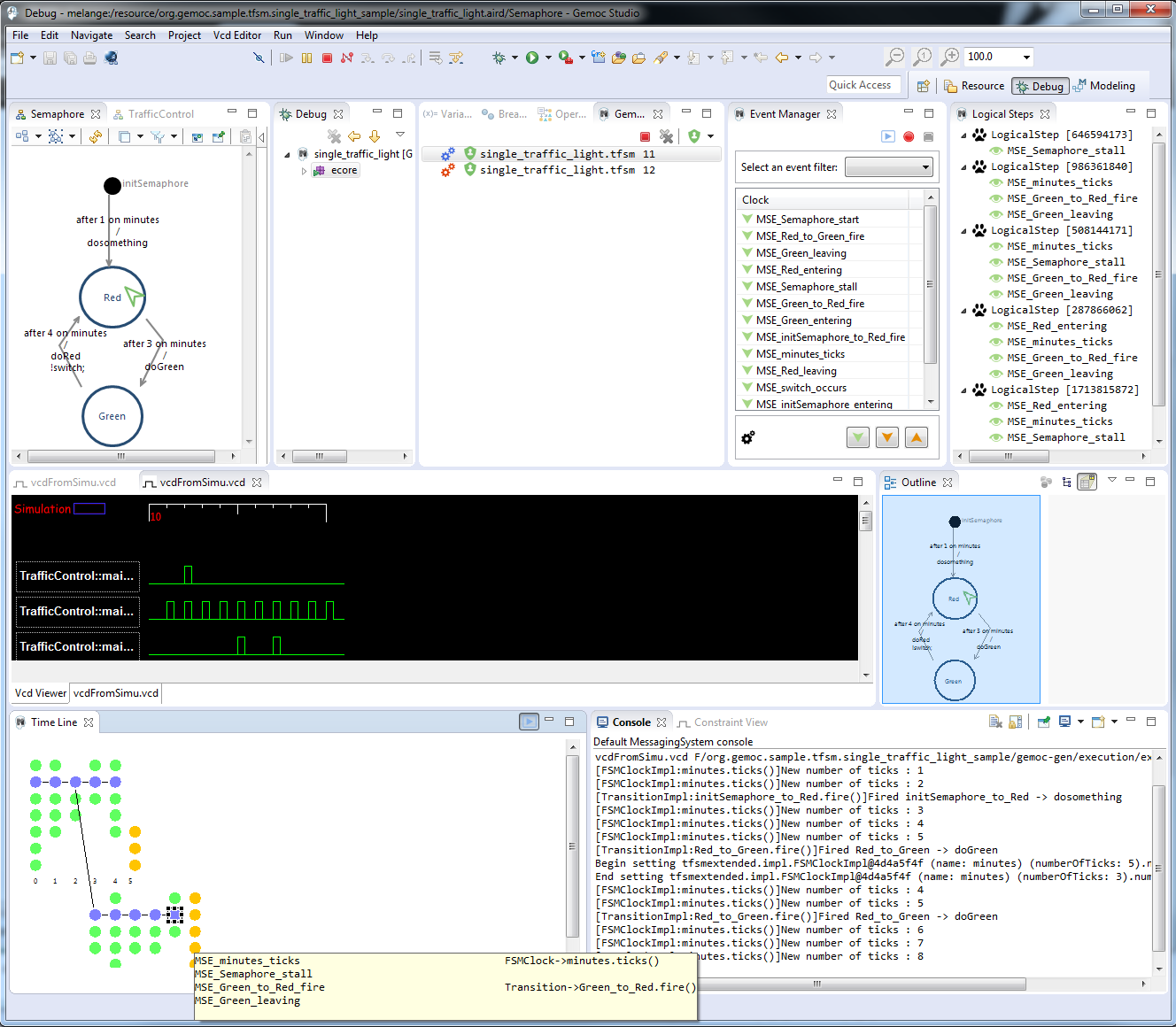 Screenshot of GEMOC Studio Modeling Workbench on the TFSM example (execution and animation)